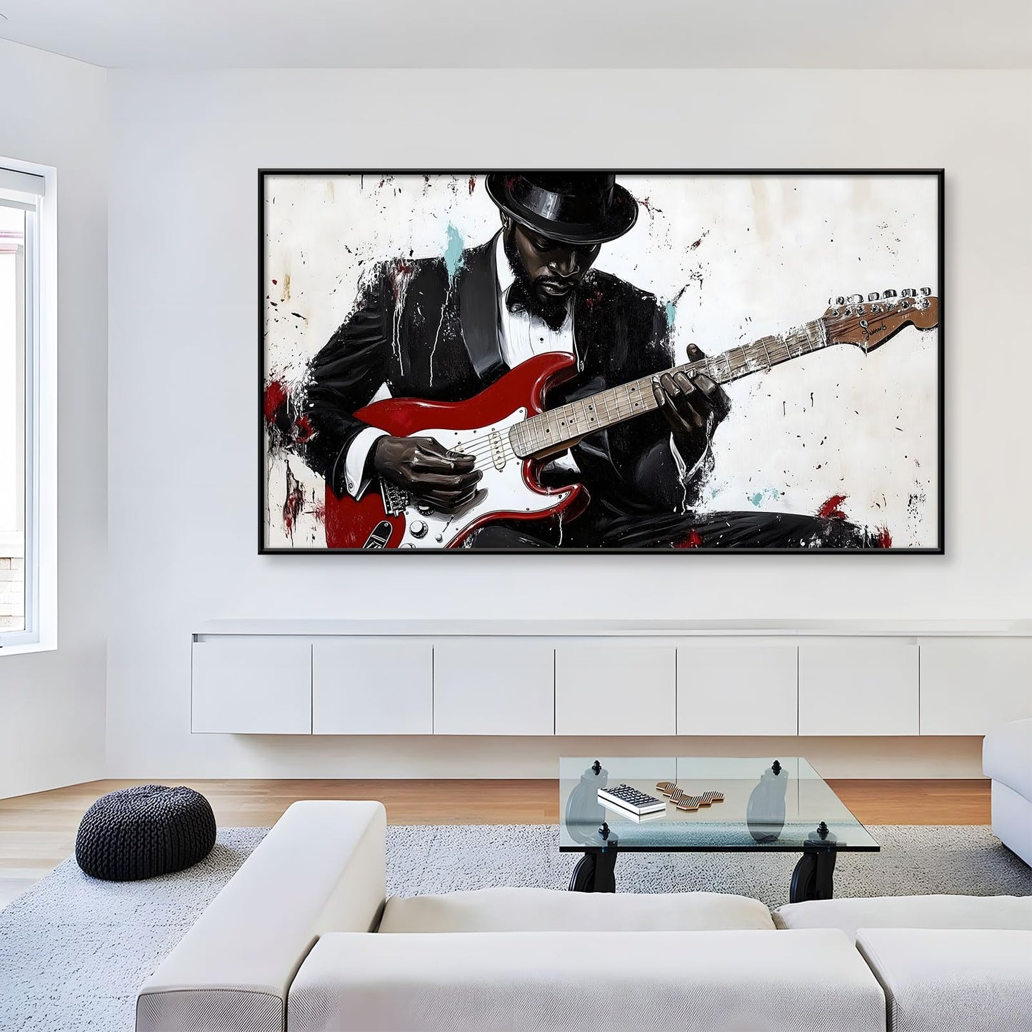 Abstract Jazz Music Canvas Wall Art, Black Musician Canvas Print, Guitar Player Wall Art, Red and Black Picture, Red Guitar Poster, Modern Artwork for Living Room (Gold Framed, 23"x13" | 60x35cm)