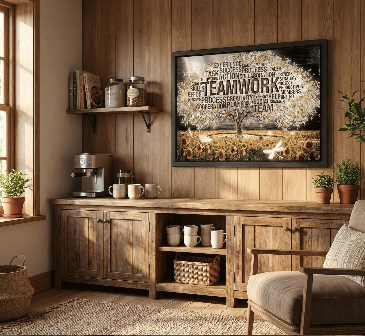 Framed Teamwork Tree Canvas Wall Art Inspirational Office Wall Decor Picture Motivation Positive Quotes And Sunflower Poster Print Painting for Living Room Bedroom Classroom Home Decoration
