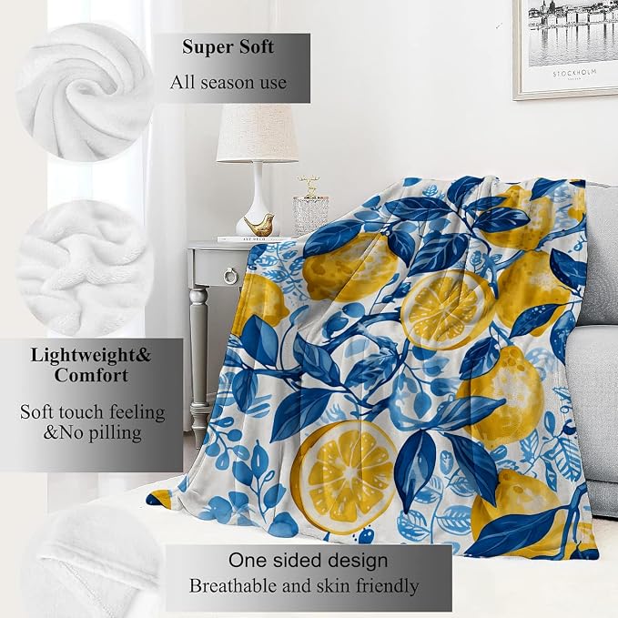 Lemon Blanket Fresh Citrus Fruit Throw Blankets with Blue Leaves,Birthday Gifts for Girls Boys Women & Food Lovers,Lightweight Soft Fleece,for Sofa Couch Bed Room Summer Decor 60x80in
