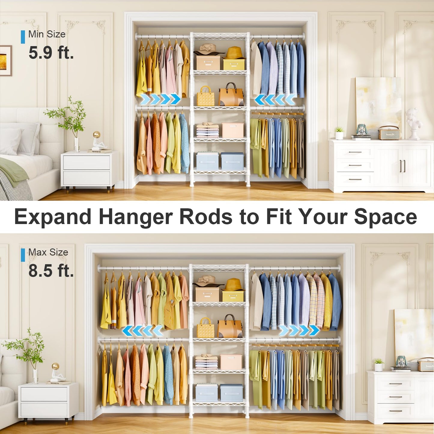 Ulif M2 Wall Mounted Closet System, Clothes Rack Mounted onto the Wall with 4 Expandable Hanger Rods and 5 Metal Shelves, Clothing Organizer Storage in (70.8-102.3)" L x 14.5" D x 71.2" H, White