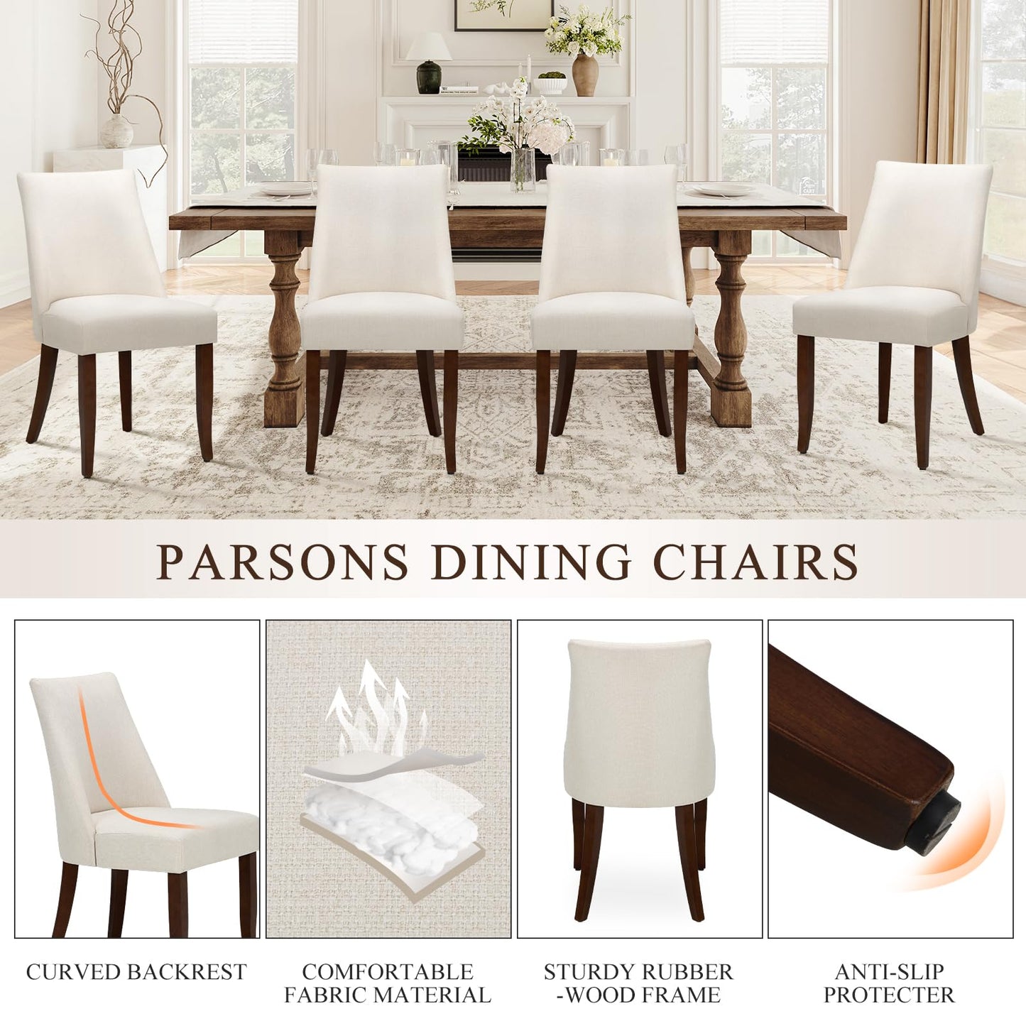 COLAMY Upholstered Dining Chairs Set of 6, Mid Century Modern Kitchen Chairs with Back, Farmhouse Fabric Side Dining Room Chairs with Wood Legs for Dining Room Restaurant, Beige