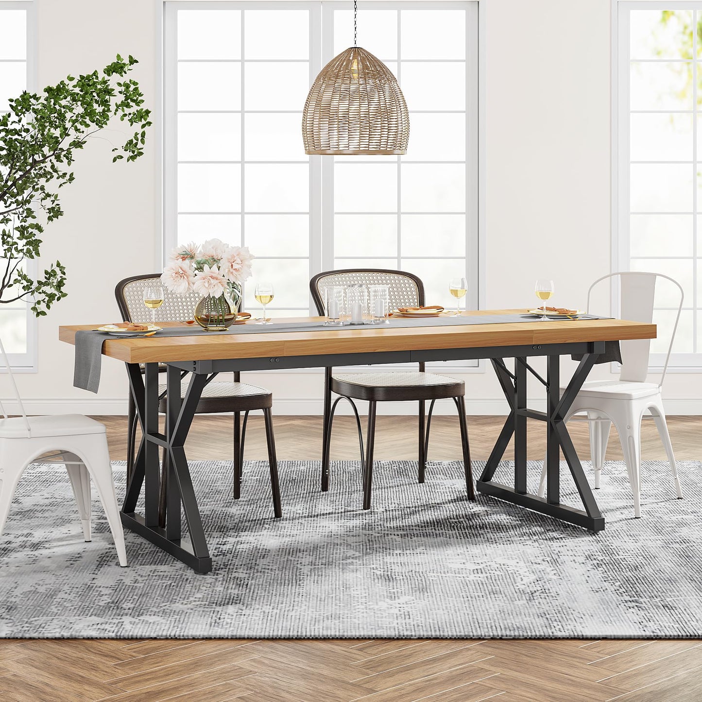 Tribesigns Farmhouse Dining Table for 6 People, 70.8-Inch Rectangular Wood Dining Table, Rustic Kitchen Table with Heavy Duty Metal Legs for Dining Room