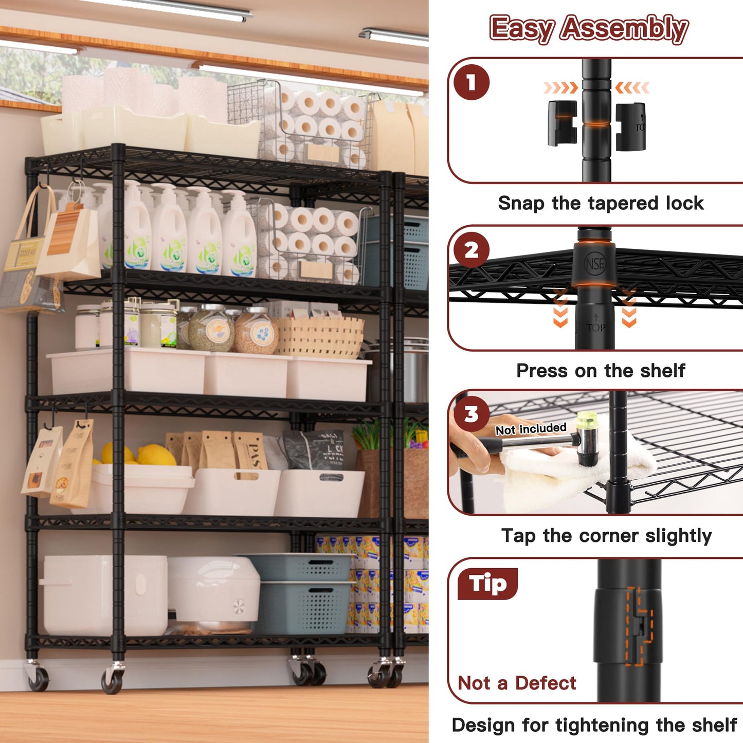 PrimeZone 36" W x 16" D x 79" H Wire Storage Shelves with Wheels, 5 Tier NSF Certified Heavy Duty Adjustable Kitchen Shelving Unit, Pantry Organizer Rack Rolling Metal Shelf for Garage Closet Bathroom