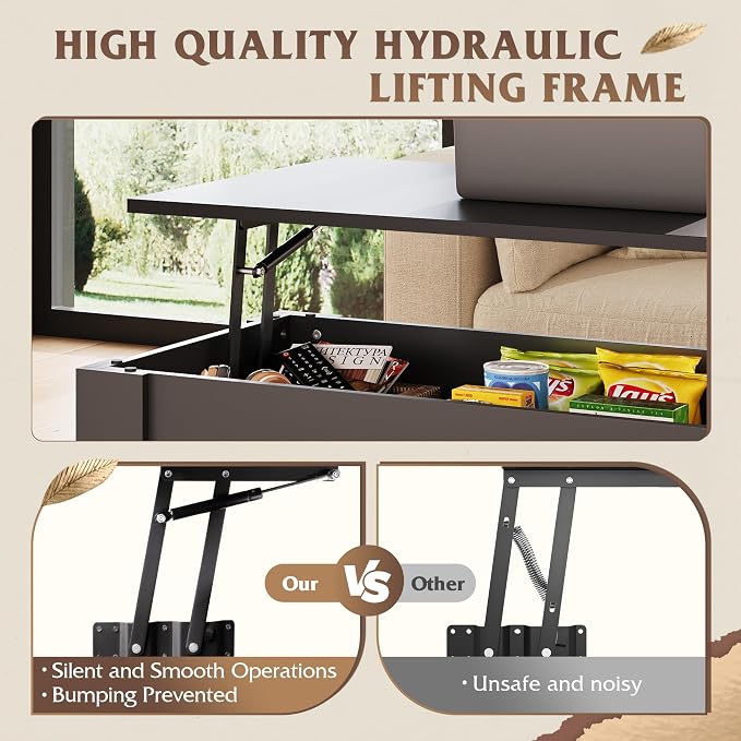 WLIVE Coffee Table, 39" Lift Top Coffee Table with Hidden Compartment, Storage Shelf and Lifting Top for Home Living Room, Office and Reception Room, Black