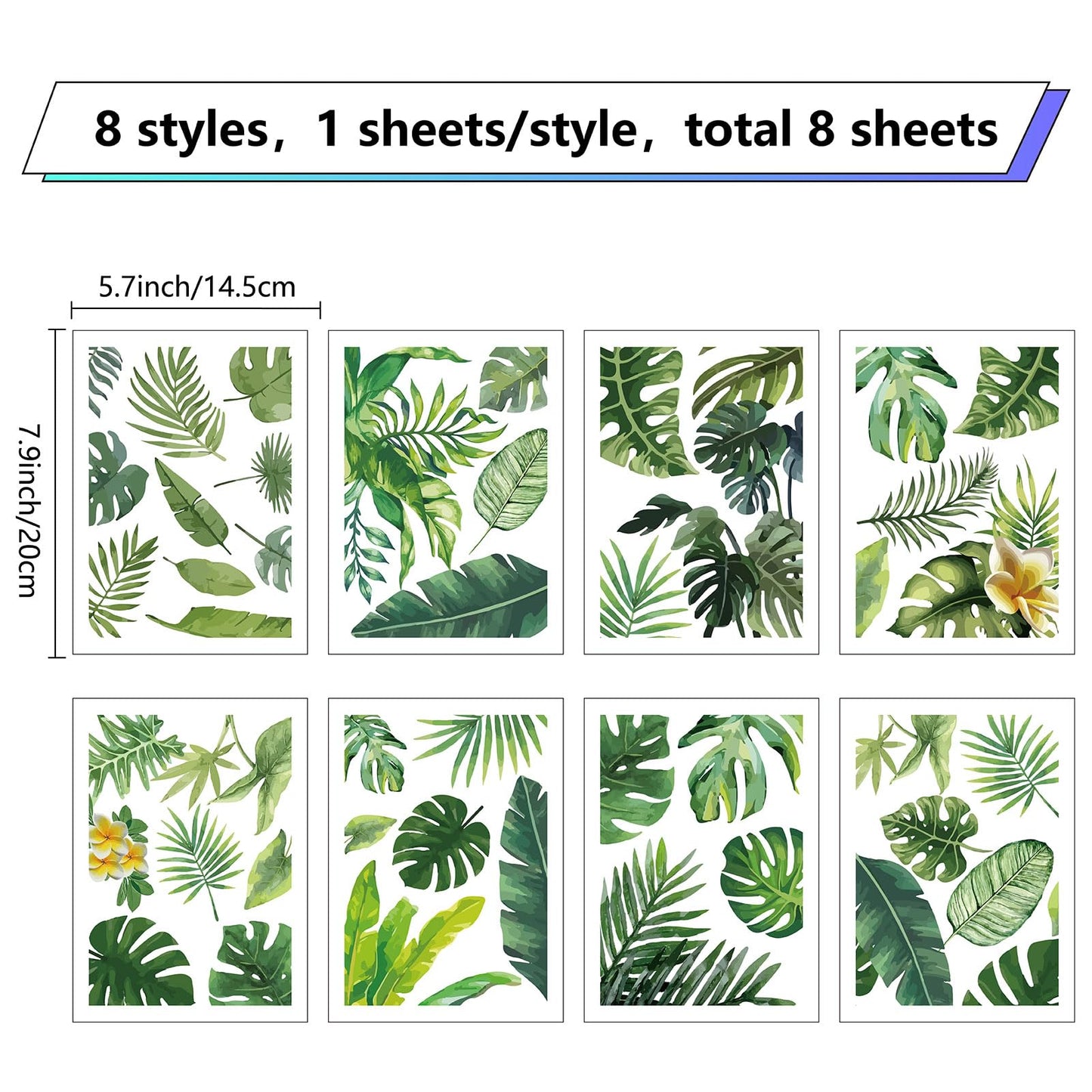 CRASPIRE 8 Sheets Green Leaf Window Stickers Tropical Leaves PVC Waterproof Self Adhesive Summer Wall Decals Natural Palm Plant Rectangle Removable for Stairway Home Decoration TV Wall Art
