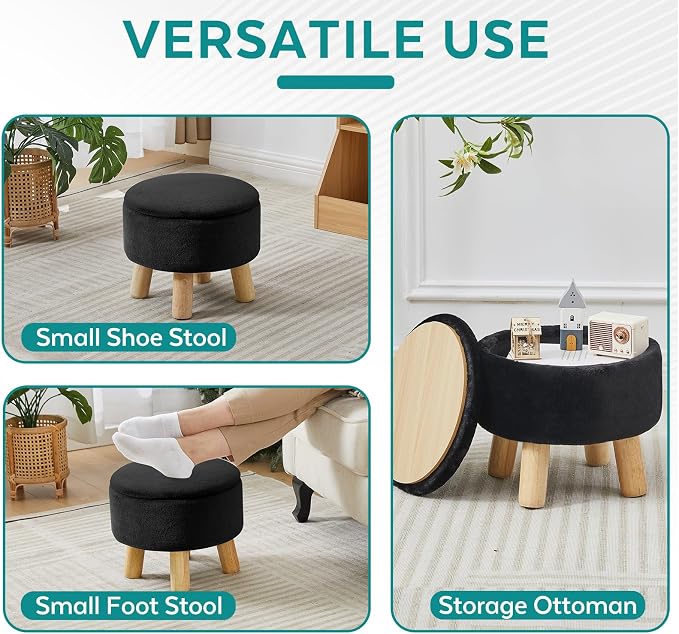 Small Foot Stool Ottoman with Storage, Soft Faux Fur Ottoman Foot Rest for Couch, Round Footstool with Storage, Small Ottomans and Footstools for Living Room and Entryway (Black)