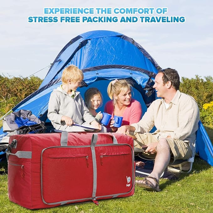 Bago Large Foldable Duffel Bags for Traveling Women & Men - 120L Packable Duffle Bag for Travel with Shoe Compartment - Water Repellant, Heavy Duty, Lightweight Folding & Collapsible (Red)