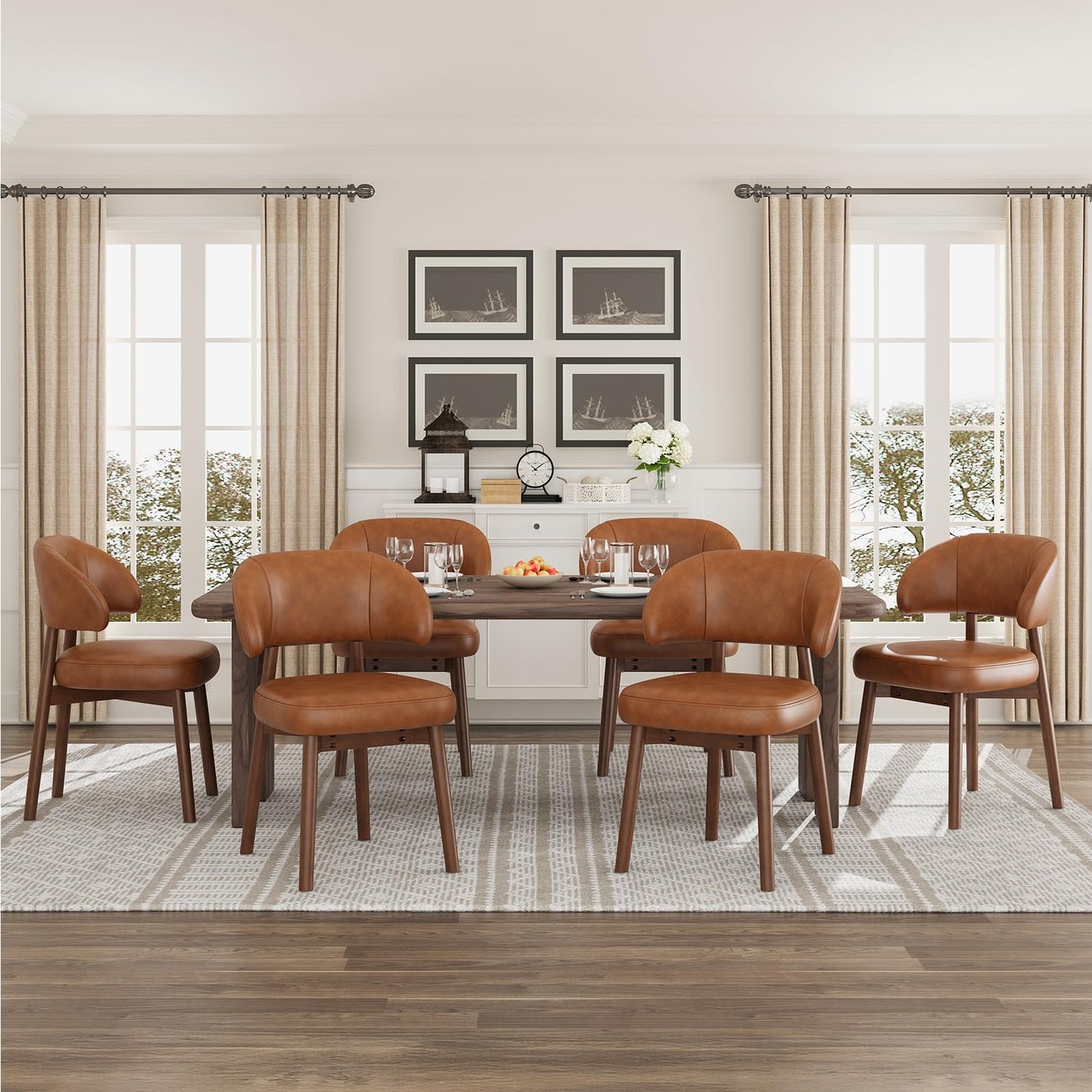 MALOL Wooden Dining Chairs Set of 6, Modern Upholstered Dining Room Chair, PU Leather Kitchen Side Chairs with Curved Open Back for Living Room/Restaurant/Cafe, Brown