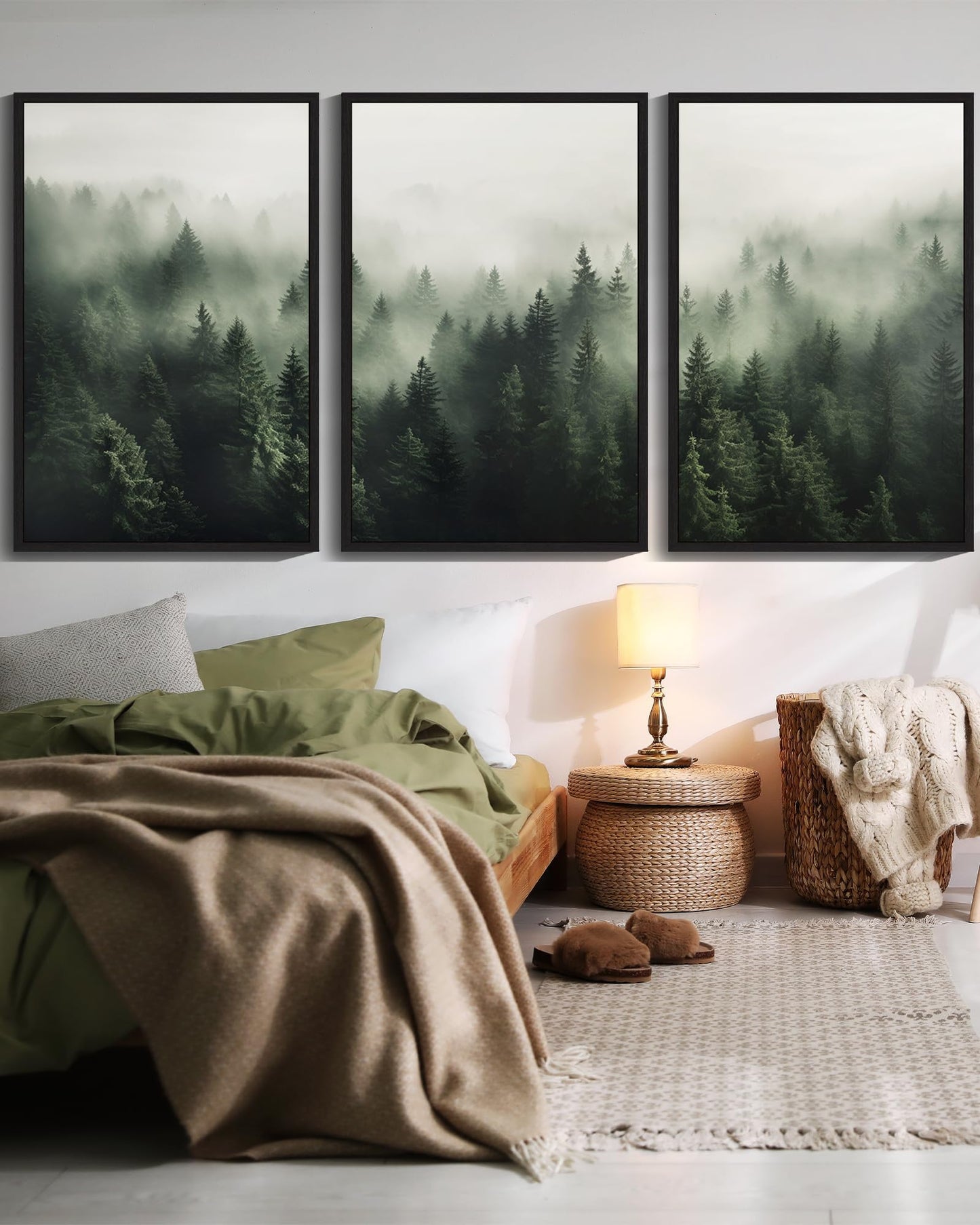 SHENIFY Green Fog Pine Tree Forest Canvas Wall Art Large 24x36in Framed Modern Artwork Prints Decor - Black Framed