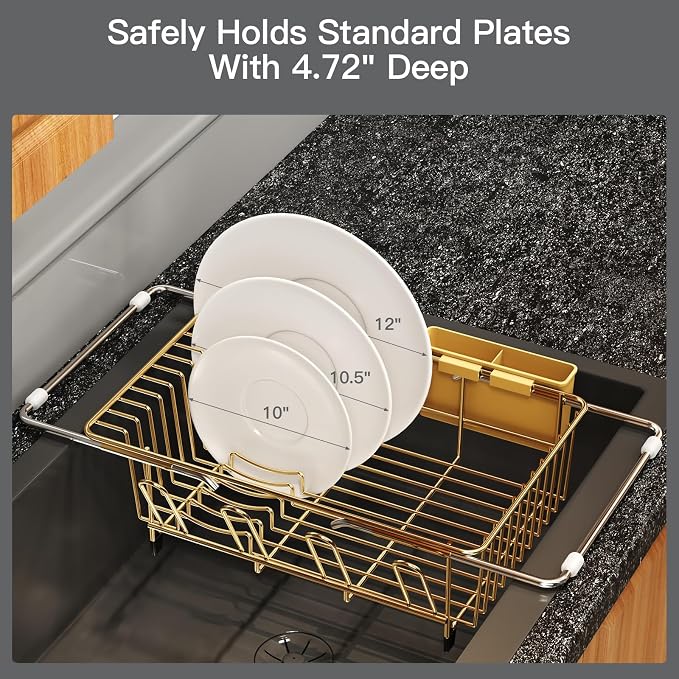 MAJALiS Gold Dish Drying Rack Over The Sink with Utensil Holder, Mat | Expandable Stainless Steel Dish Drainer for Small Kitchen, Apartment, RV, Counter Space Saving, Perfect Fit, Rustproof
