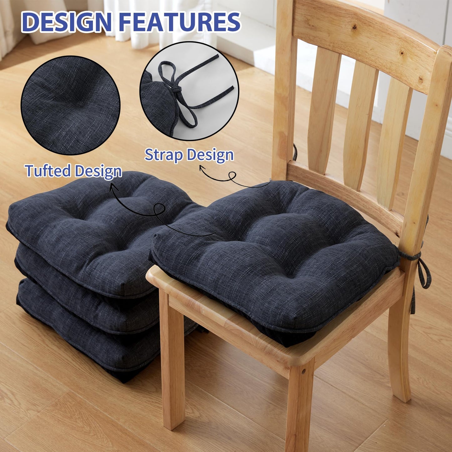 IPYNBAP Chair Cushions for Dining Chairs Set of 4, Kitchen Chair Cushions, Chair Pads with Ties and Non Slip Backing, Tufted Memory Foam Seat Cushion 4 Pack, 15.5" x 15.5" x 4", Navy Blue
