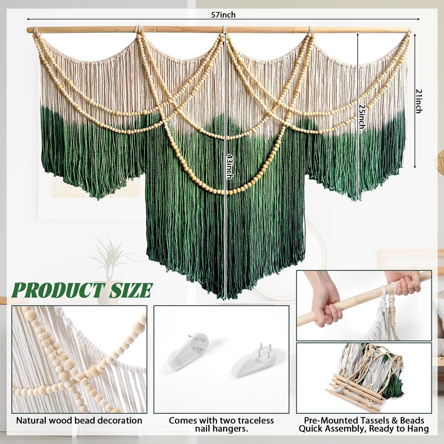 CrystalSylara Large Macrame Wall Hanging Boho Wall Decoration Art, 57" W x 43" L Green & Cream Fiber Dip-dyed Tapestry Handwoven Fiber and Wood Beads Decor for Bedroom Living Room Home Decor