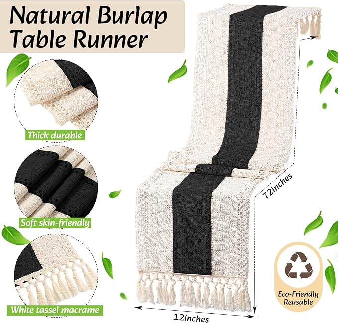 4 Sets Boho Decoration Placemats Round Woven Placemats, Cloth Napkins, Wood Bead Napkin Rings, Long Table Runner and Farmhouse Burlap Cotton for Table Kitchen (Black,12x72)