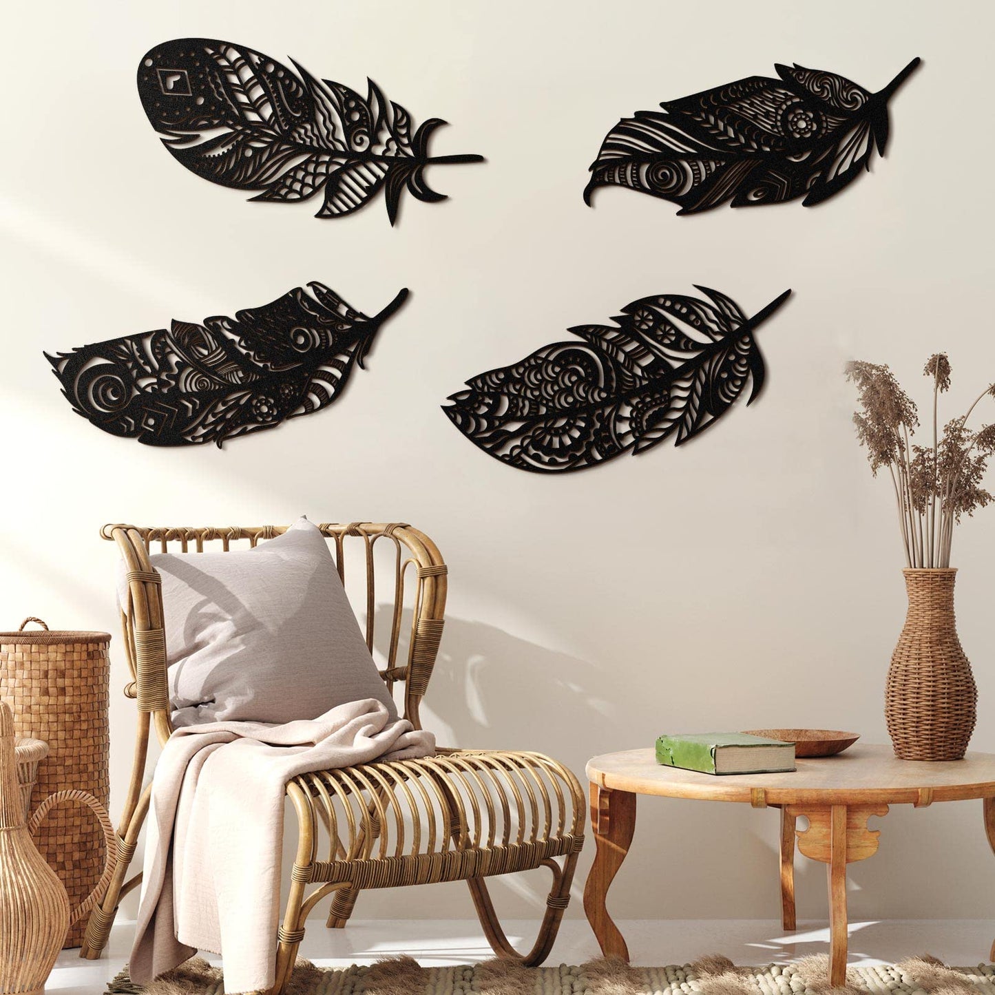 Qunclay 4 Pieces Feather Wall Decor Wooden Feather Wall Art Boho Wall Decor Laser Cut Hanging Mandala Large Rustic Farmhouse Wood Sign for Home Living Room Bedroom Bathroom Kitchen(Black)