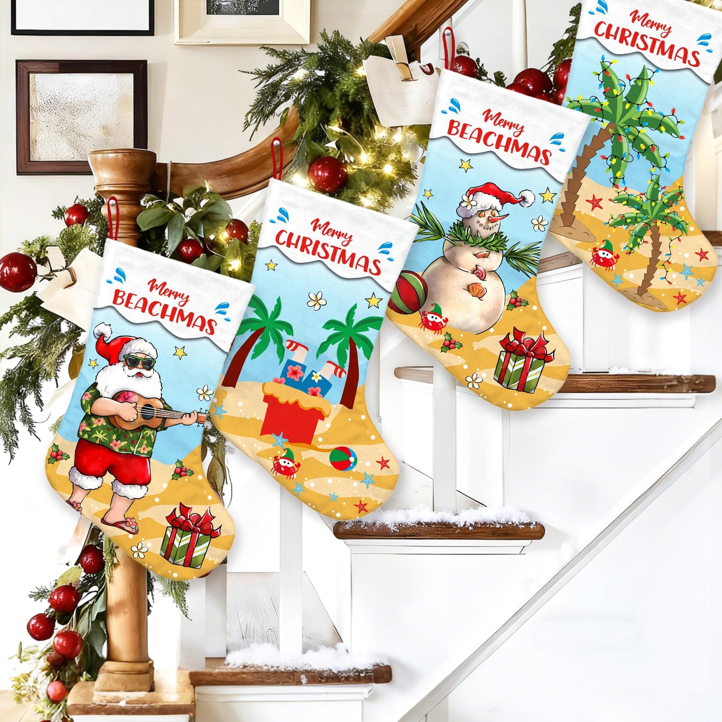 Yarcooly 4 Pack Coastal Christmas Stockings mele Kalikimaka Large Xmas Stocking kit Winter Seasonal Bag Tree Fireplace Decor Beach Christmas Stockings for Home Party Decorations