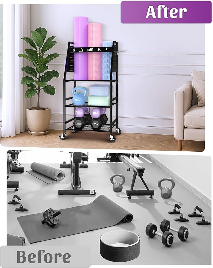 Mythinglogic Yoga Mat Storage Racks,Home Gym Storage Rack for Dumbbells Kettlebells Foam Roller, Yoga Strap and Resistance Bands, Workout Equipment Storage Organizer With Hooks and Wheels