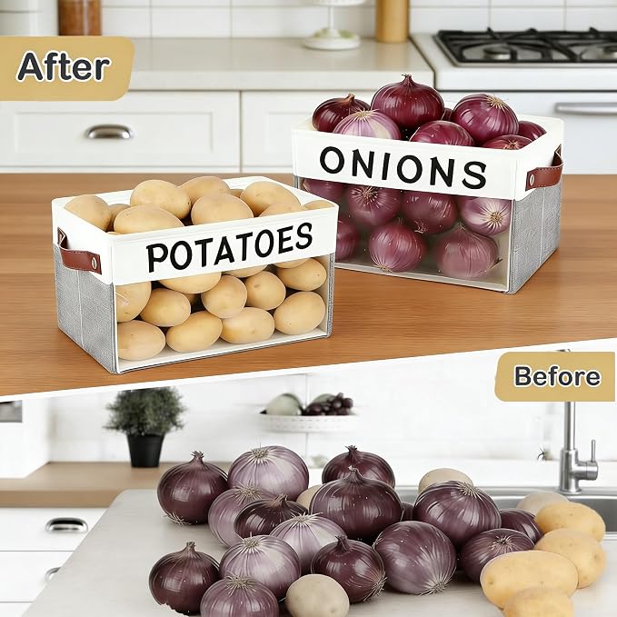 2 Pack Onion and Potato Storage Bins,Portable Vegetable Storage Basket with Handles,Large Kitchen Storage Container for Onion, Potato, Fruit, Vegetables,Countertop Kitchen Organization Container