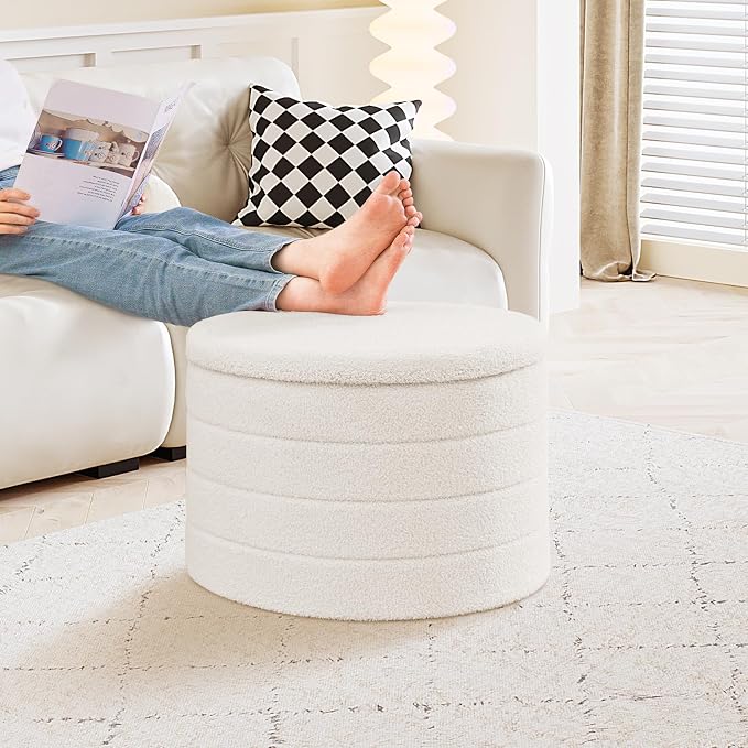 PINPLUS Round Ottoman with Stroage, Boucle Storage, Foot Stool Foldable Coffee Table Ottoman for Living Room, Bedroom, Dorm (White)