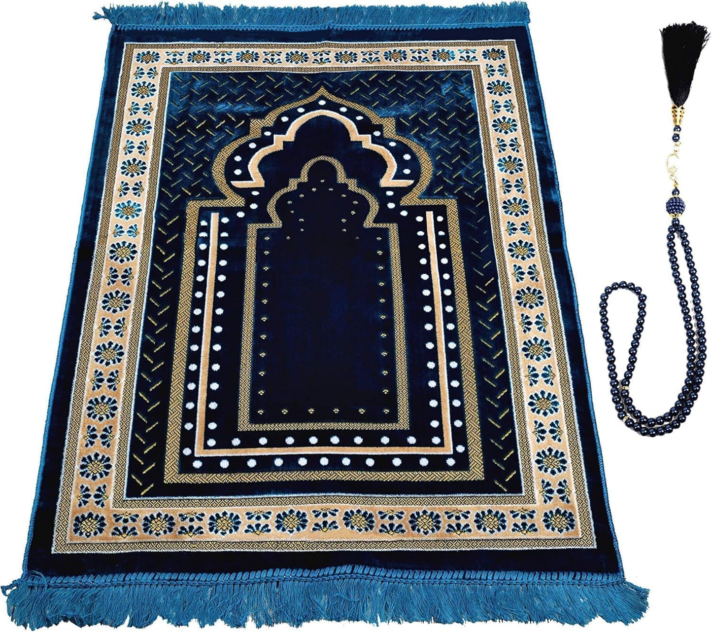 Prayer Mat Rug for Muslim Men, Women or Kids, Portable Praying Mat and Prayer Beads Sets for Islamic Gifts – Muslim Prayer Rug For Ramadan, Umrah, Hajj - Turkish Rug for Meditation and Worship (BLUE)