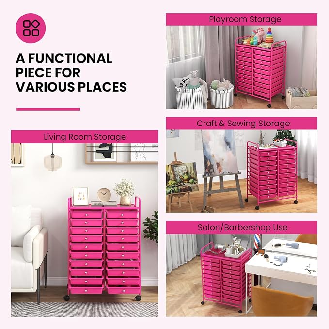 Giantex 20 Drawers Rolling Cart, Mobile Storage Drawer Cart, Classroom Organizer for Office School Supplies Teacher Tools Scrapbook Paper Craft Small Printer, Utility Stand on Wheels, Hot Pink