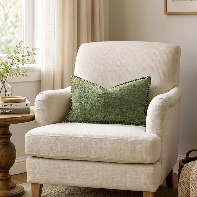 MIULEE Pack of 2 Lumbar Throw Pillow Covers 12x20 Inch Sage Green Farmhouse Decorative Pillow Covers with Stitched Edge Soft Chenille Solid Dyed Summer Pillow Covers for Couch Sofa Bed Living Room