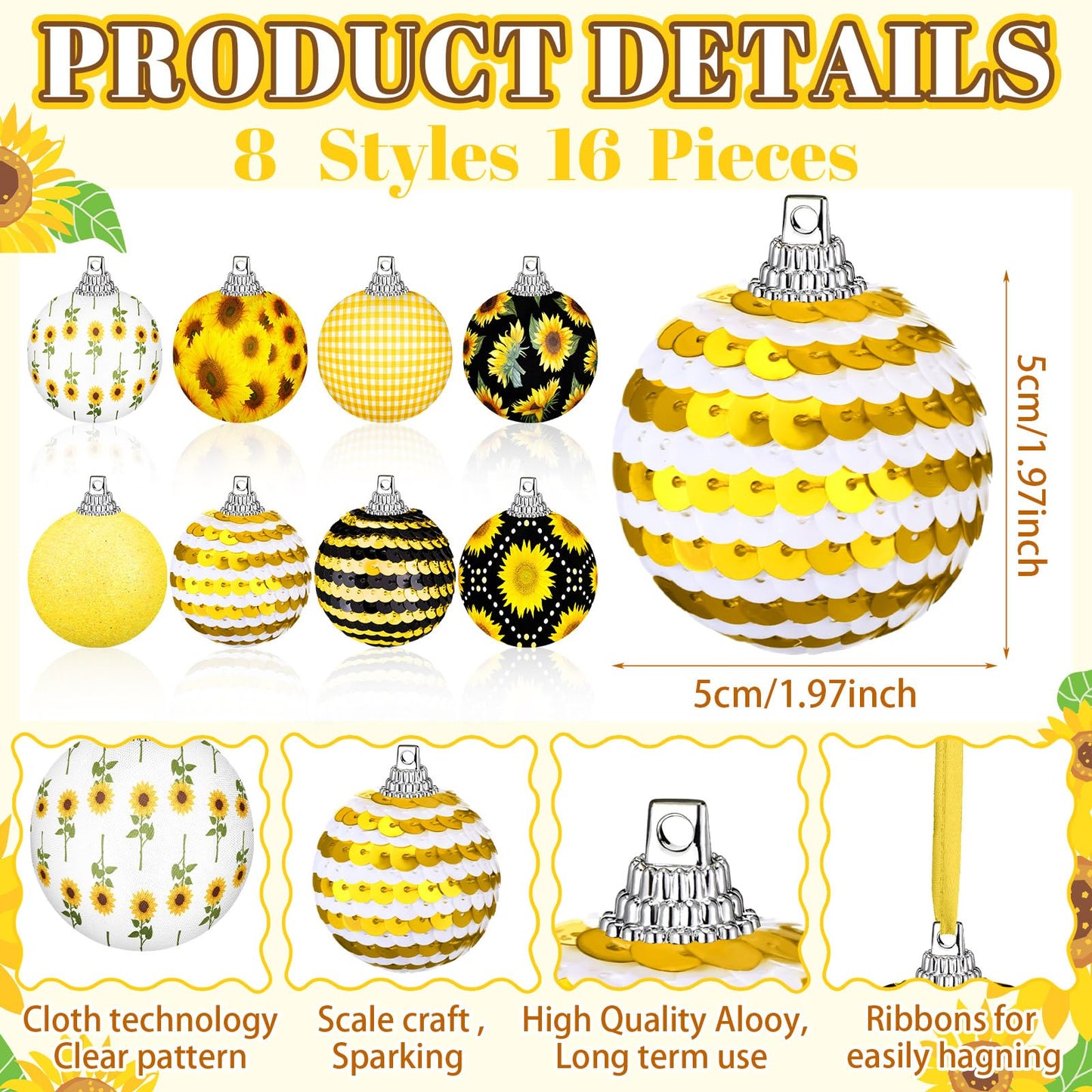 Zeyune 16 Pcs Sunflower Tree Ornaments Summer Decorations for Small Tree Yellow Sequin Ball Ornaments Sunflower Hanging Decorations with Ropes for Summer Holiday Party Supplies(Cute)
