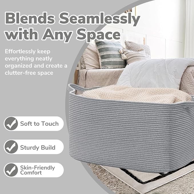 Goodpick 85L Large Woven Blanket Basket 23.6" x 15.7" x 13.8" Cotton Rope Storage Organizer for Dirty Clothes Pillows, Rectangle Toy Storage Basket for Nursery Bedroom, Gray