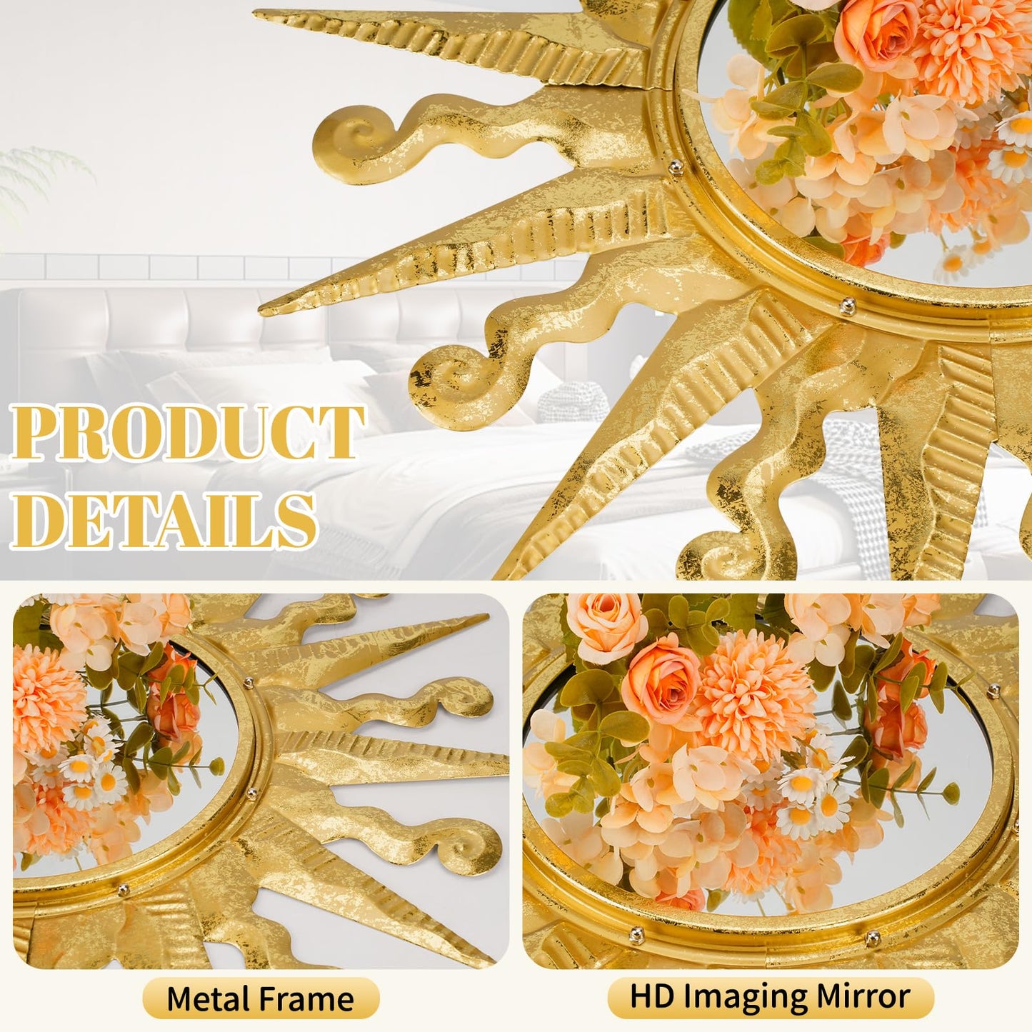 YIWEMON Golden Sun Wall Mirror Decorative 24 inch Metal Frame Mirror Sunburst Boho Mirror for Entryway Bedroom Living Room Bathroom House Warming Gifts New Home Essential