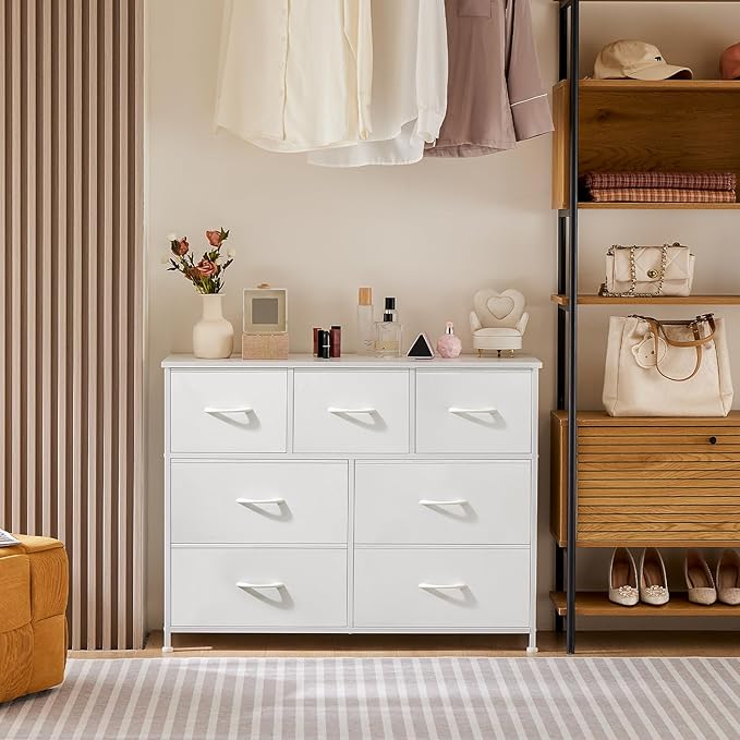 Sweetcrispy 7 Drawer Dresser Storage Organizer with Fabric Bins, Sturdy Steel Frame and Wood Top, Easy Pull Handles, for Bedroom Closet Hallway Entryway,White