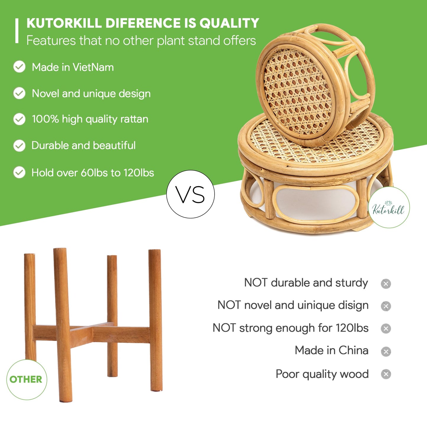 KUTORKILL Set of 2 Large Rattan Wicker Round Risers Decorative Indoor Plant Stand, Mid Century Minimalist Modern Plant Stands, Boho Short Plant Stand Holder Suitable Fits 8'' and 12'' Pots