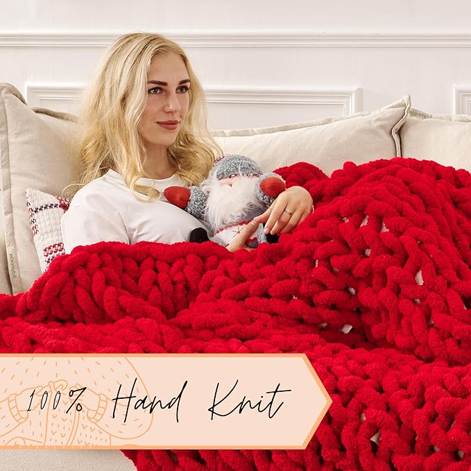 Adyrescia Chunky Knit Blanket Throw | 100% Hand Knit with Jumbo Chenille Yarn (50"x60", Ruby Red)