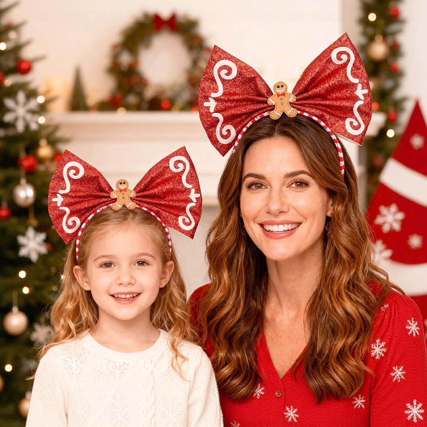 BYNYTO Christmas Bow Headband Gingerbread Man Hairband Candy Cane Hair Hoop Christmas Headbands for Women Festive Holiday Party Accessory