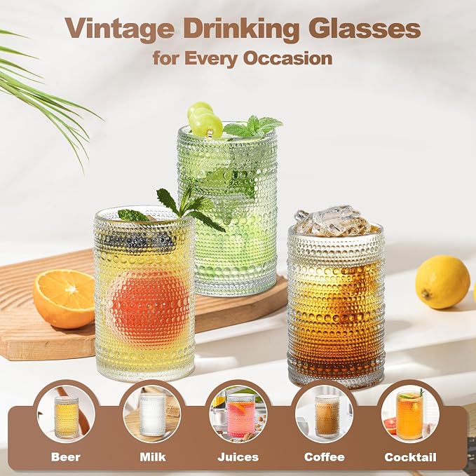 Hobnail Drinking Glasses Set of 12, 15 oz Large Capacity Highball Glasses with Straws Vintage Glasses Drinking Set, Embossed Beaded Glass Cups for Kitchen, Beer, Juice, Cocktail, Whiskey, Milk