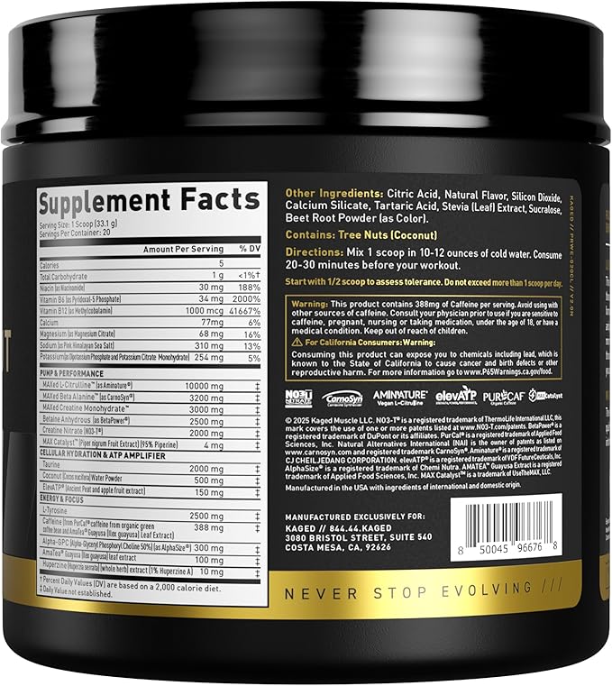 Kaged Pre Workout Elite Powder | Strawberry Lemonade | Pre-Workout with Creatine, Beta Alanine, L-Citrulline, BCAAs | 388 mg Organic Caffeine | Pre Supplements for Men & Women | 20 Servings