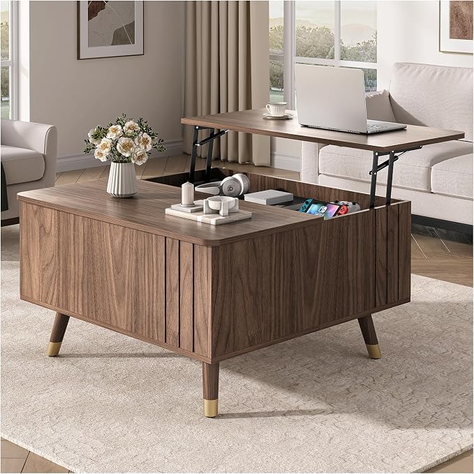 JOINICE 32" Square Lift Top Coffee Table with Storage,Mid Century Modern Walnut Center Table with Rising Desktop for Living Room, Brown Wood Finish