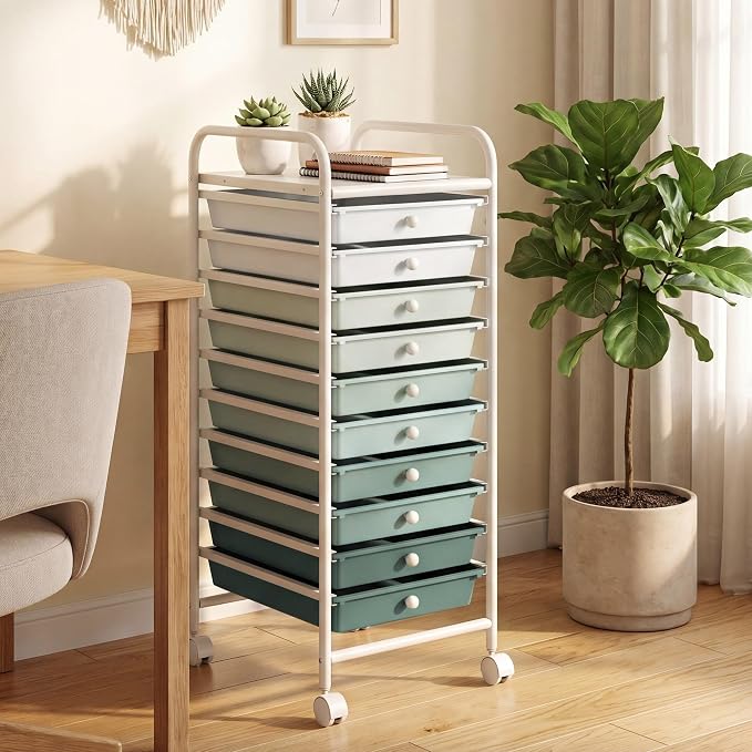 COSTWAY 10-Drawer Rolling Storage Cart, Utility Mobile Trolley with Removable Drawers & Universal Casters & 2 Brakes (Green Gradient,13"L x 15"W x 34"H (10 Drawer))