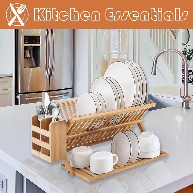 Bamboo Dish Drying Rack with Utensil Holder Set,3-Tier Collapsible Wood Dish Drying Rack for Kitchen,Folding Bamboo Drying Rack with Utensils Flatware Holder,Space-Saving Storage