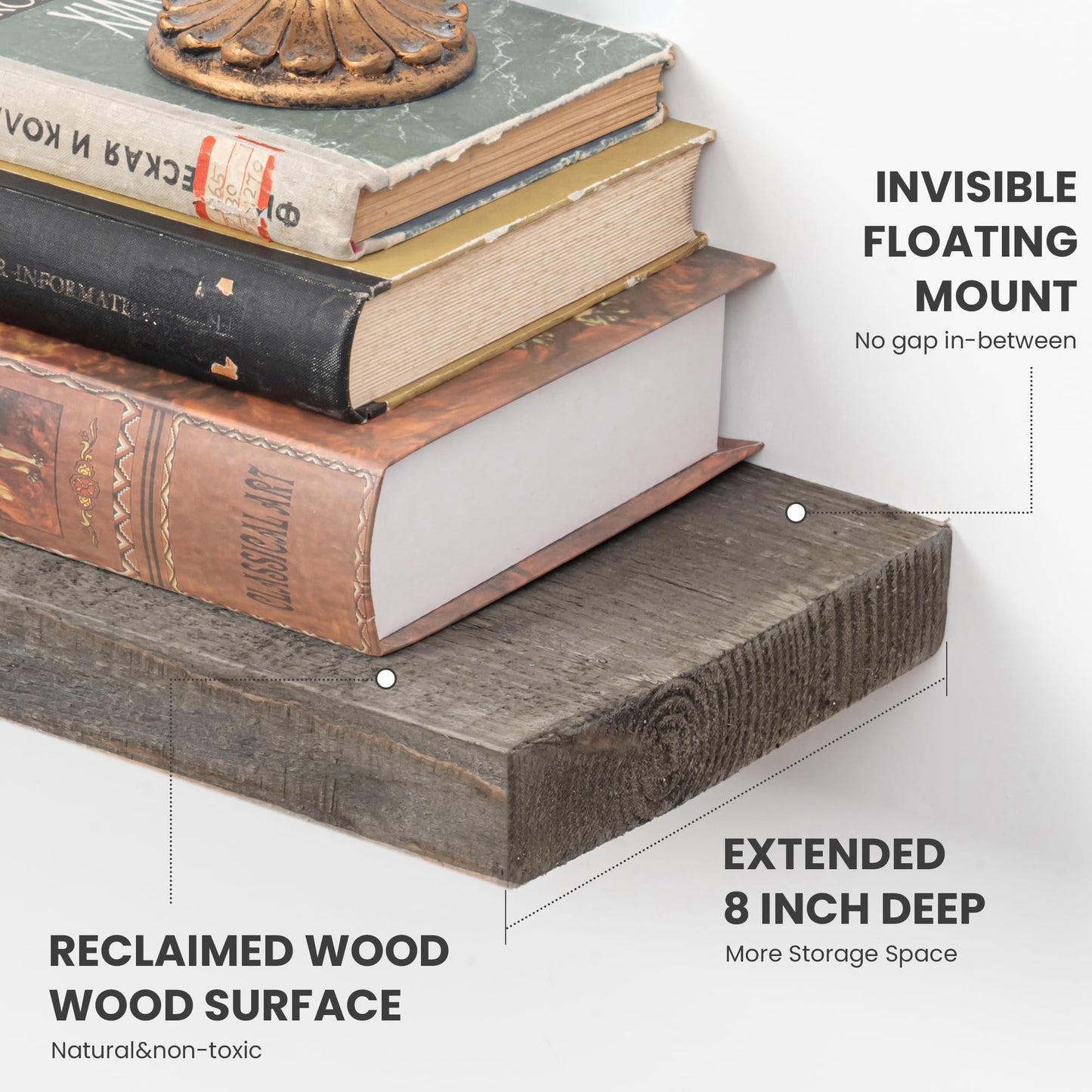 FLYJOE Floating Shelves, 8 Inch Deep Rustic Solid Reclaimed Wood Wall Shelves for Storage, Wall Mounted Display Shelving with Invisible Heavy-Duty Metal Bracket, 30 Inch Width Set of 2, Grey