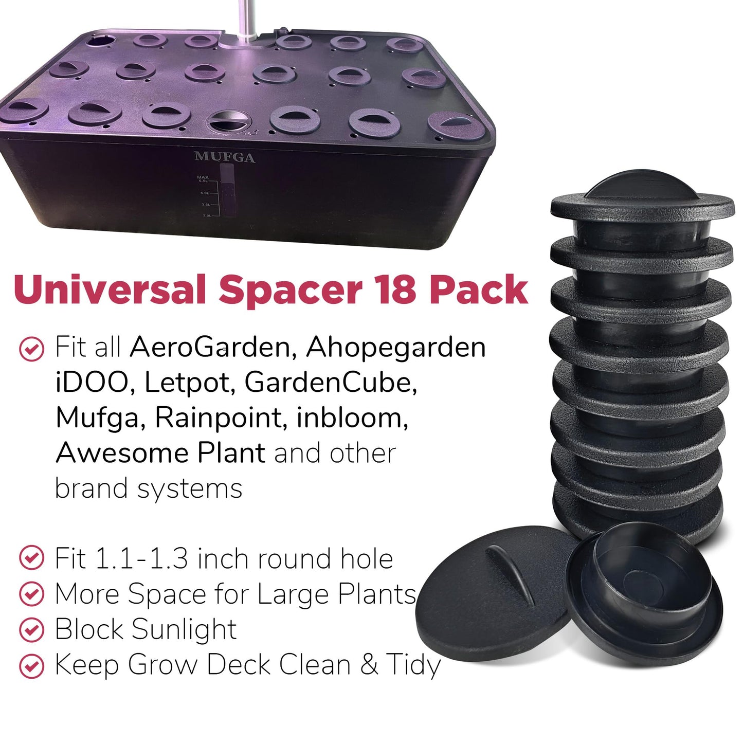 Universal Plant Spacer Caps (18 Pack) Compatible with Aerogarden, Ahopegarden, GardenCube, iDOO, Mufga, Letpot and Other Hydroponics Growing System Kit, Pod Cover Lids for Indoor Garden Kit, Black