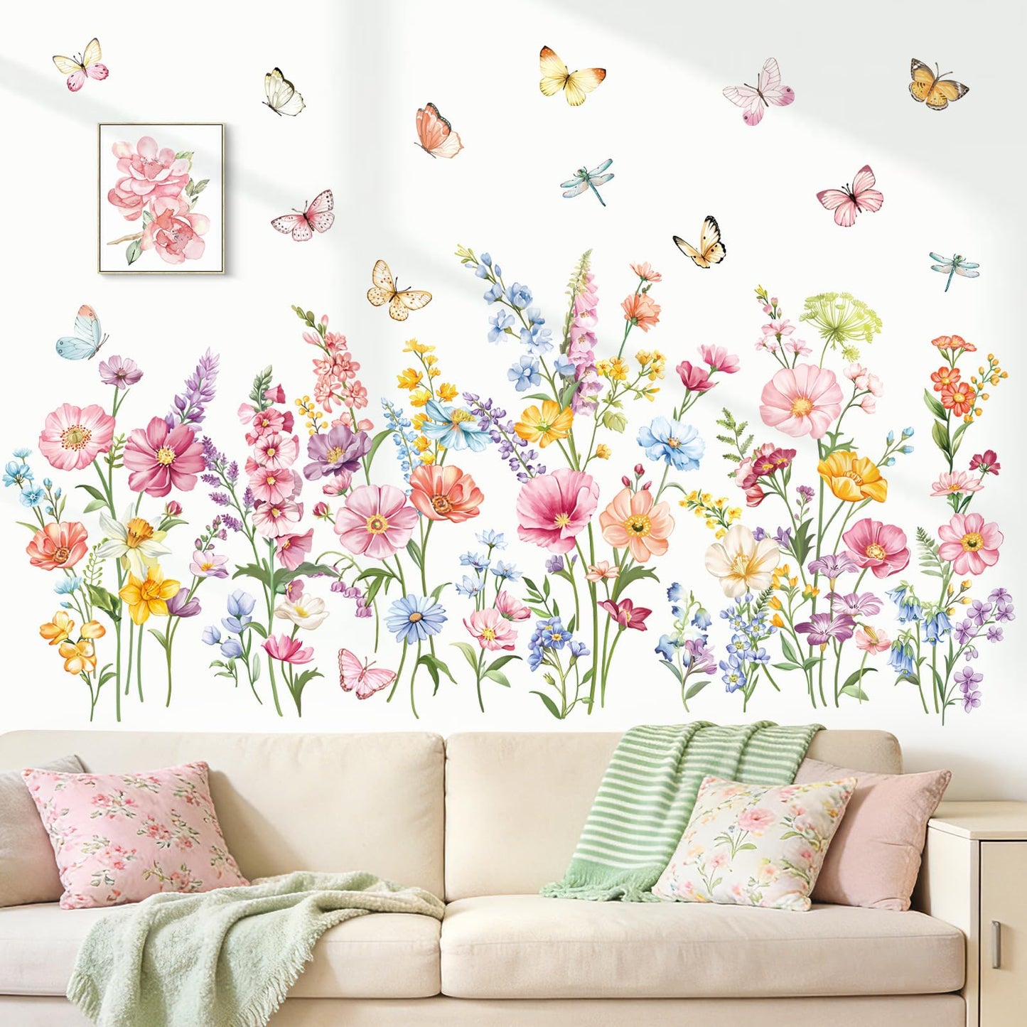 decalmile Flower Wall Decals Daisy Wildflower Grass Butterflies Wall Stickers Girls Bedroom Living Room Home Office Wall Decor