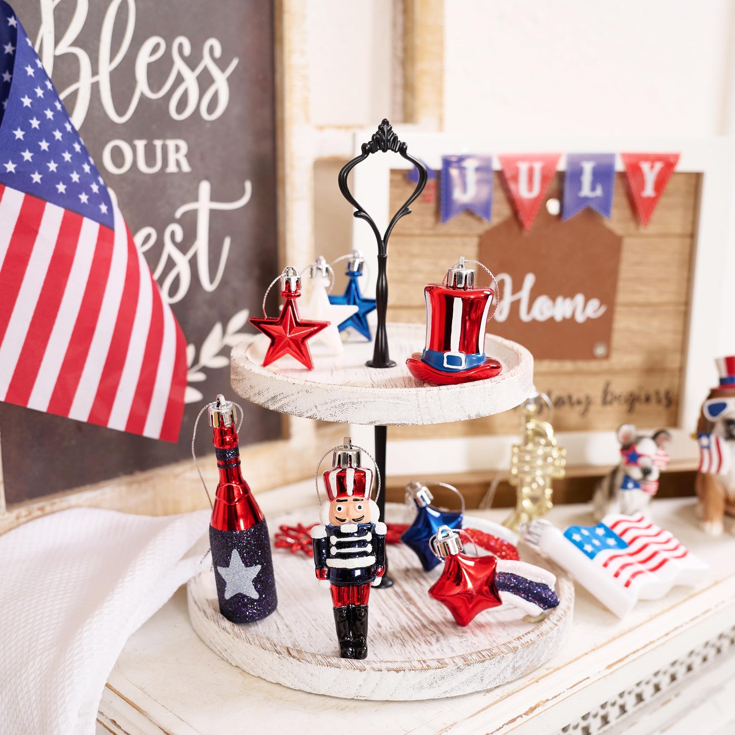 Valery Madelyn 4th of July Tree Decorations for Patriotic Memorial Day Ornaments, 12ct Red White Blue Shatterproof Americana Nutcracker Hanging Ball Decor for Independence Day USA 250th Anniversary