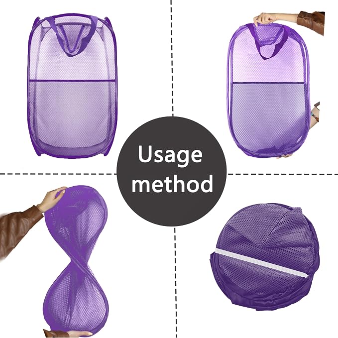 Collapsible Pop Up Laundry Hamper, Extra Large Mesh Foldable Laundry Basket Bag, 28" x 16" x 16", 2 Pack (Black + Purple)