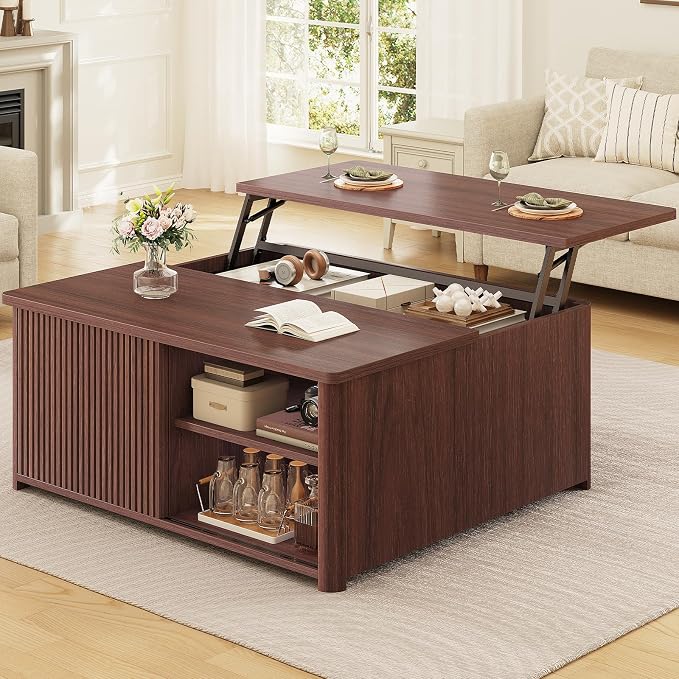 SEDETA 31.5" Lift Top Coffee Table with Storage, Square Coffee Tables for Living Room, Fluted Coffee Table with Large Hidden Storage Compartment and Adjustable Shelves, Walnut