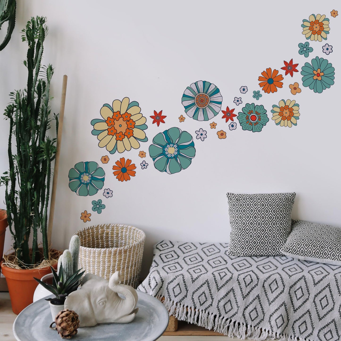 Boho Retro Flower Wall Decal - Retro Floral Decor Stickers,Peel and Stick Bohemian Style Flowers Decals for Kids Bedroom Nursery Playroom Living Room and Bedroom Wall Decorations