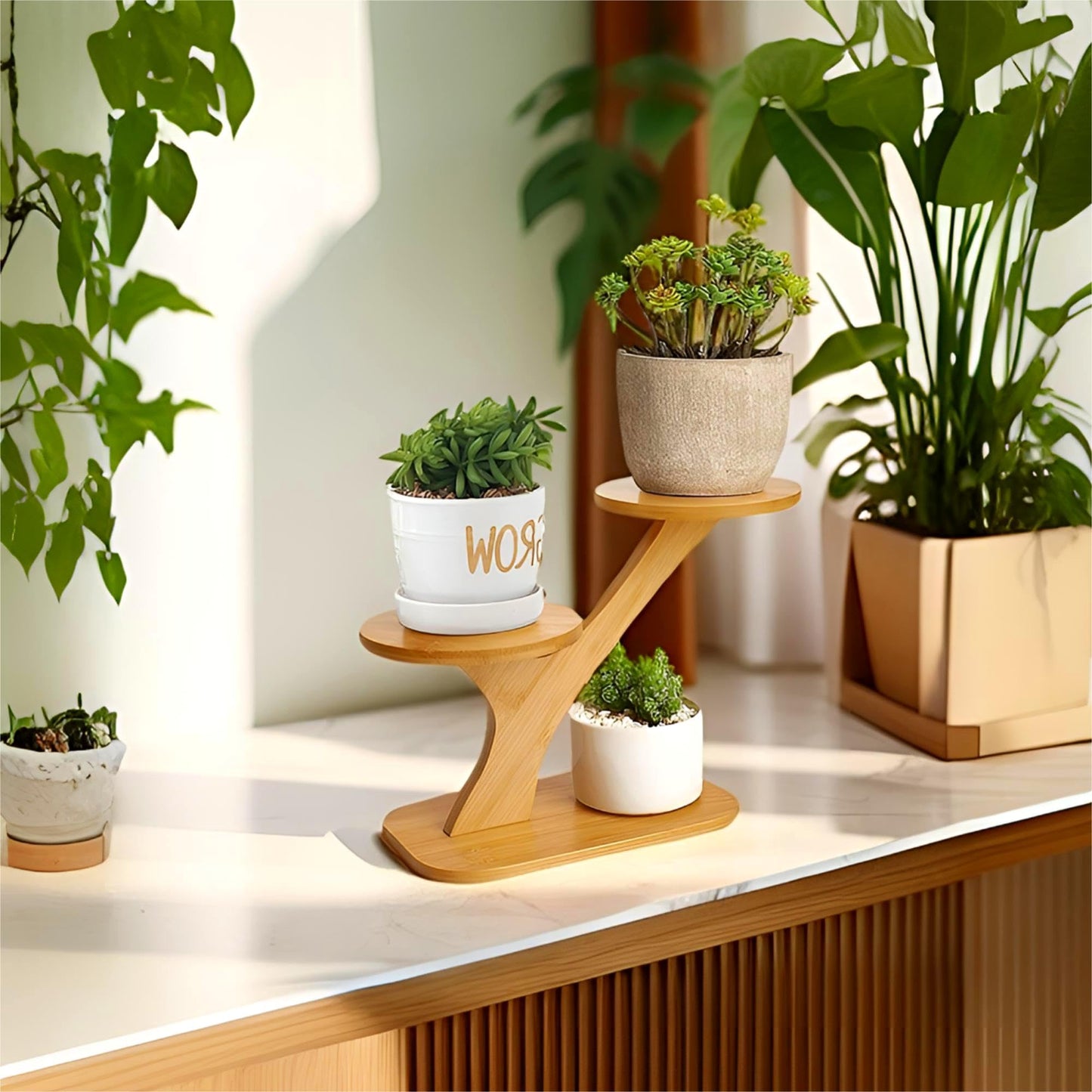 SRTFINE 2 Tiered Desk Plant Stand Bamboo Tree Plant Shelf Tabletop Succulent Herb Stand Desktop Plant Stand Indoor Plant Rack for in Living Room Office Decoration (2 Tiered)