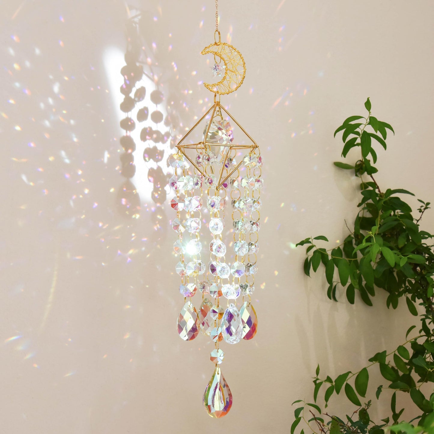 Moon Star Crystal Suncatcher Hanging Ornament - Rainbow Maker Prism Pendant for Window, Home, Garden, Wedding Decor, Ideal Gift for Mom, Women, Girls