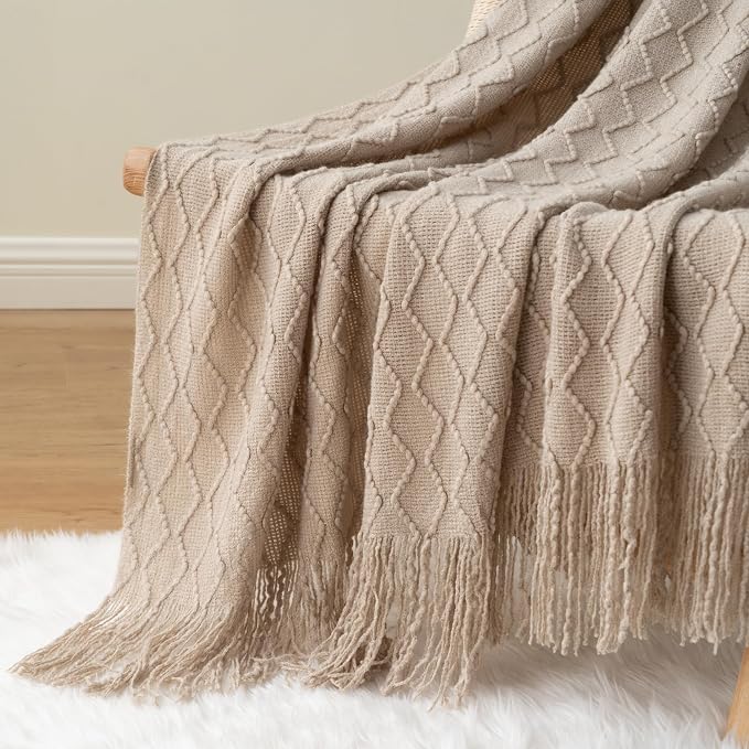 BATTILO HOME Khaki Throw Blankets for Couch, Taupe Lightweight Decorative Blankets and Throws, Boho Warm Knit Blanket for Men and Women, 50"x60"