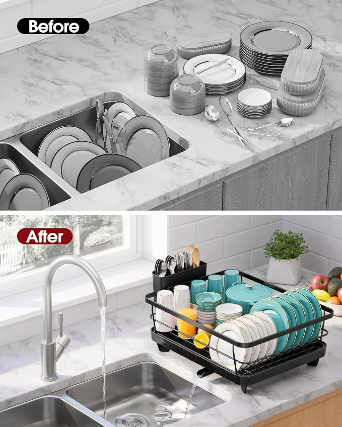 Sakugi Dish Drying Rack - Stainless Steel Dish Rack with Drainboard for Kitchen Counter and Sink, 15.6" D x 12" W x 5" H, Black