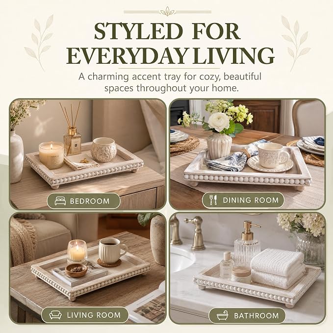 Decorative Coffee Table Tray, 13.5 x 9.7 Inch White Washed Wooden Beaded Tray with Removable Legs, Rustic Farmhouse Rectangular Tray for Coffee Table, Kitchen Counter and Vanity Decor