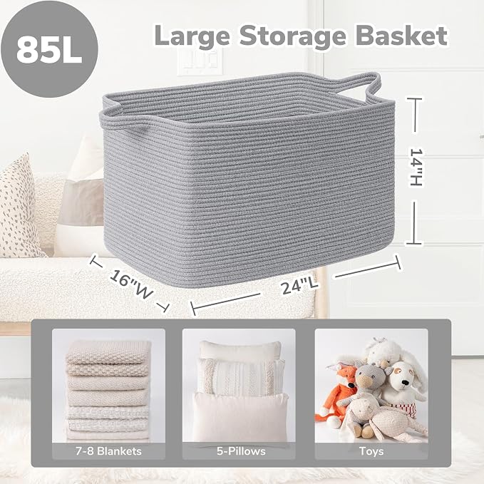 Goodpick 85L Large Woven Blanket Basket 23.6" x 15.7" x 13.8" Cotton Rope Storage Organizer for Dirty Clothes Pillows, Rectangle Toy Storage Basket for Nursery Bedroom, Gray